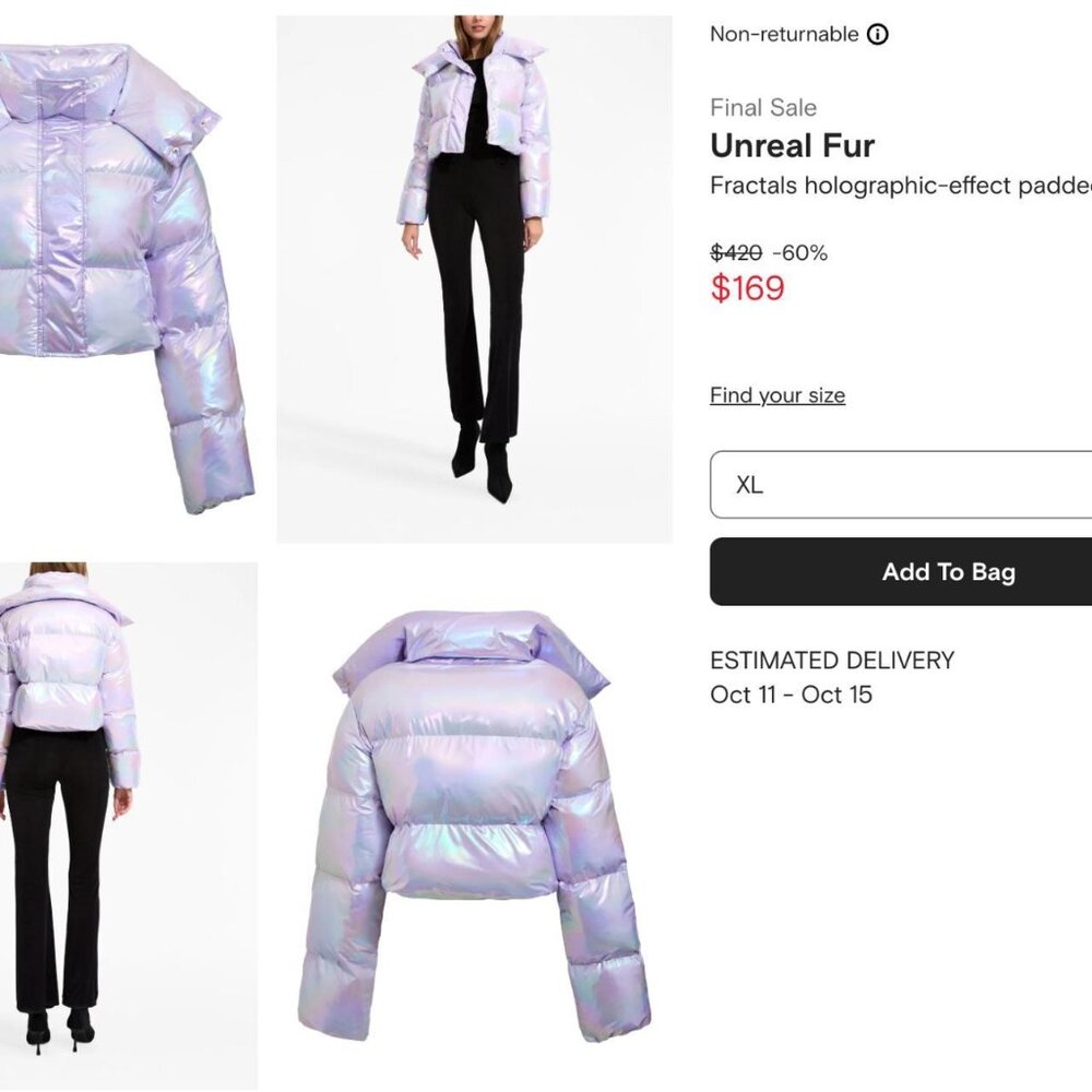 Unreal Fur Iridescent Holographic Cropped Puffer